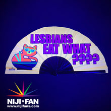 Load image into Gallery viewer, Lesbians Eat What?! Clack Fan *Blacklight Reactive*